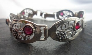 Sterling Silver Garnets with Flowers Link Bracelet ~Designed and Made in Israel