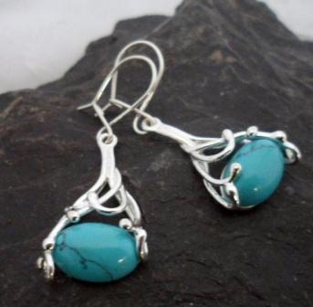 Sterling Silver Drop Oval Filigree Turquoise Earrings